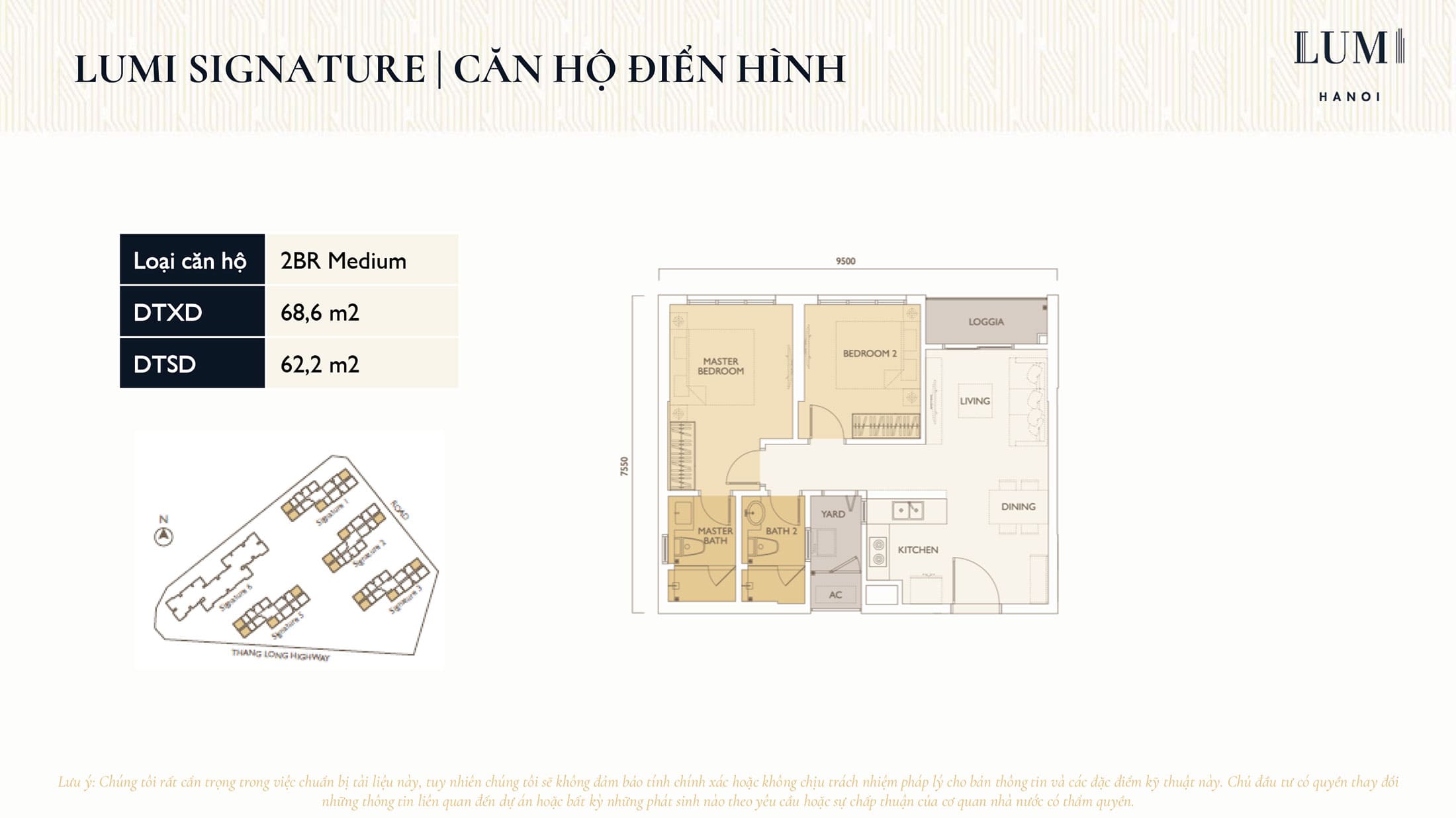 Layout thiết kế điển hình căn hộ Lumi Hanoi, Loại 2 Phòng Ngủ, Diện tích 68m2.