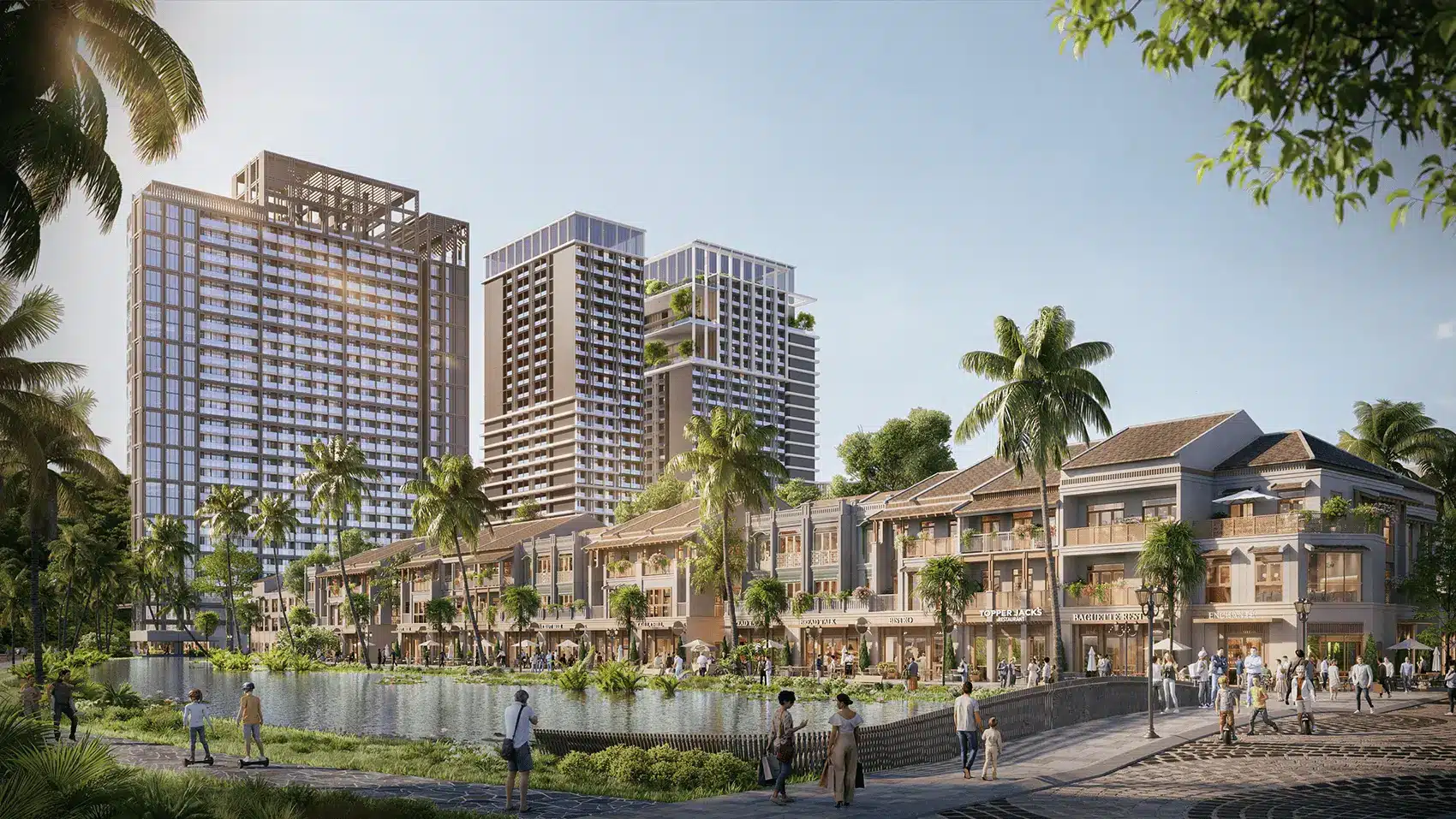 Khu cảnh quan hiện đại của dự án Xanh Island Cát Bà với các tòa tháp và dãy shophouse.